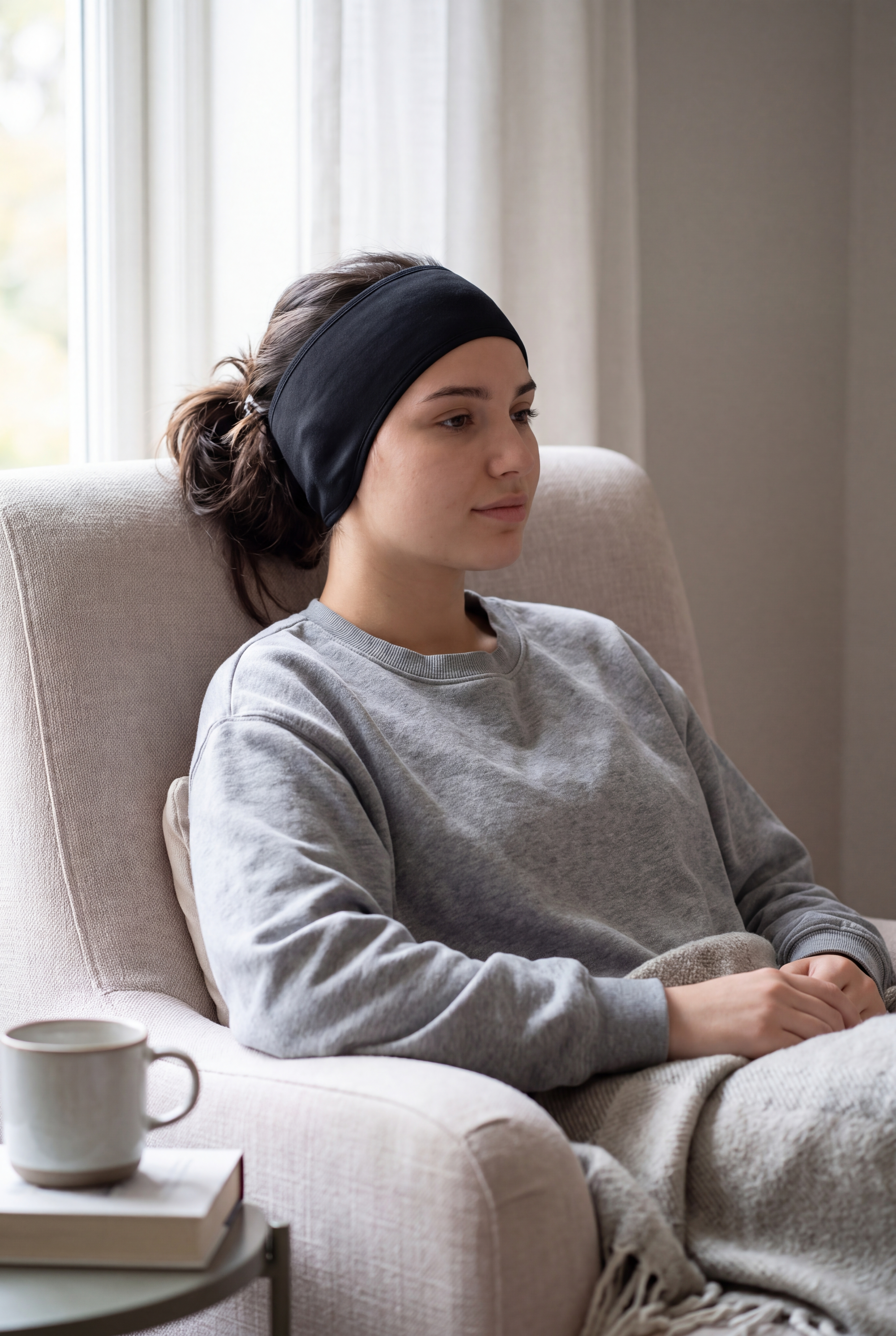 woman post otoplasty surgery with headband on